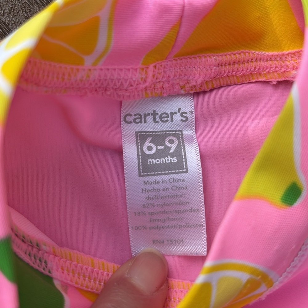 Carters 2 baby girl bathing suits 6-9 mo. 1 pc. flamingo, 2 pc. lemon rashguard - Picture 10 of 11